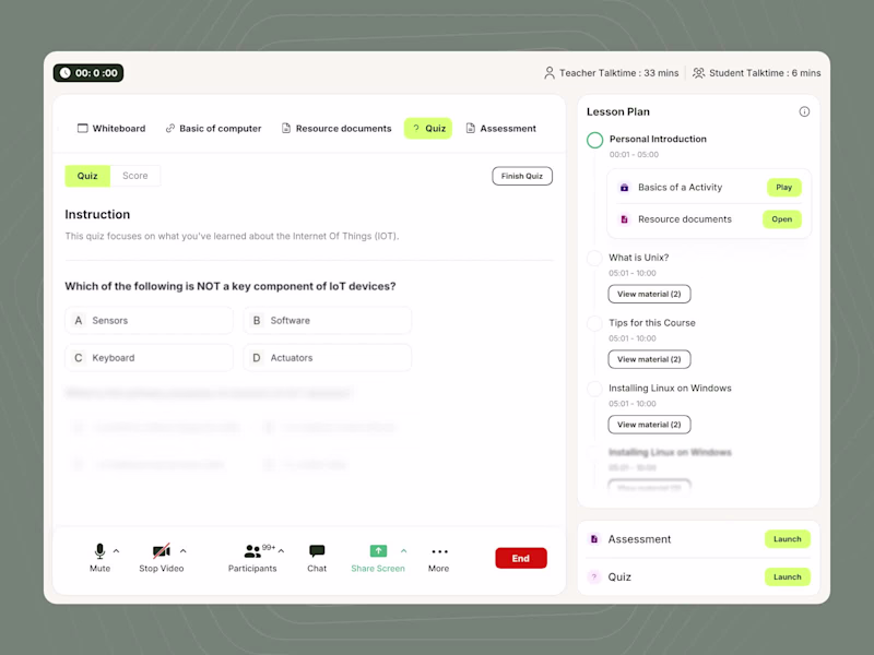 Cover image for In class quiz interface for a virtual classroom platform